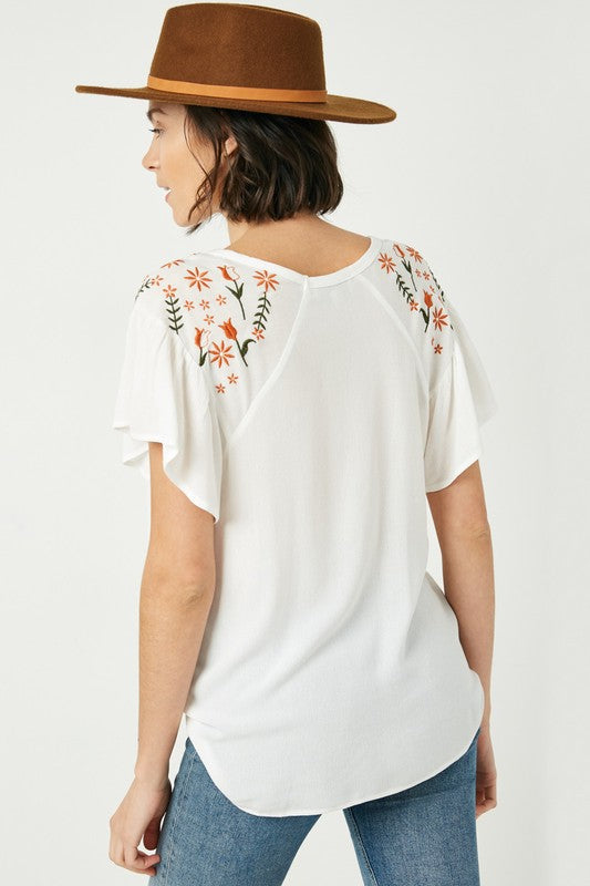 Hayes Embroidered Flutter Sleeve Top